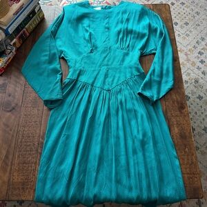 Vintage Silk Studio 100% Silk Teal Textured Dress 80s Retro